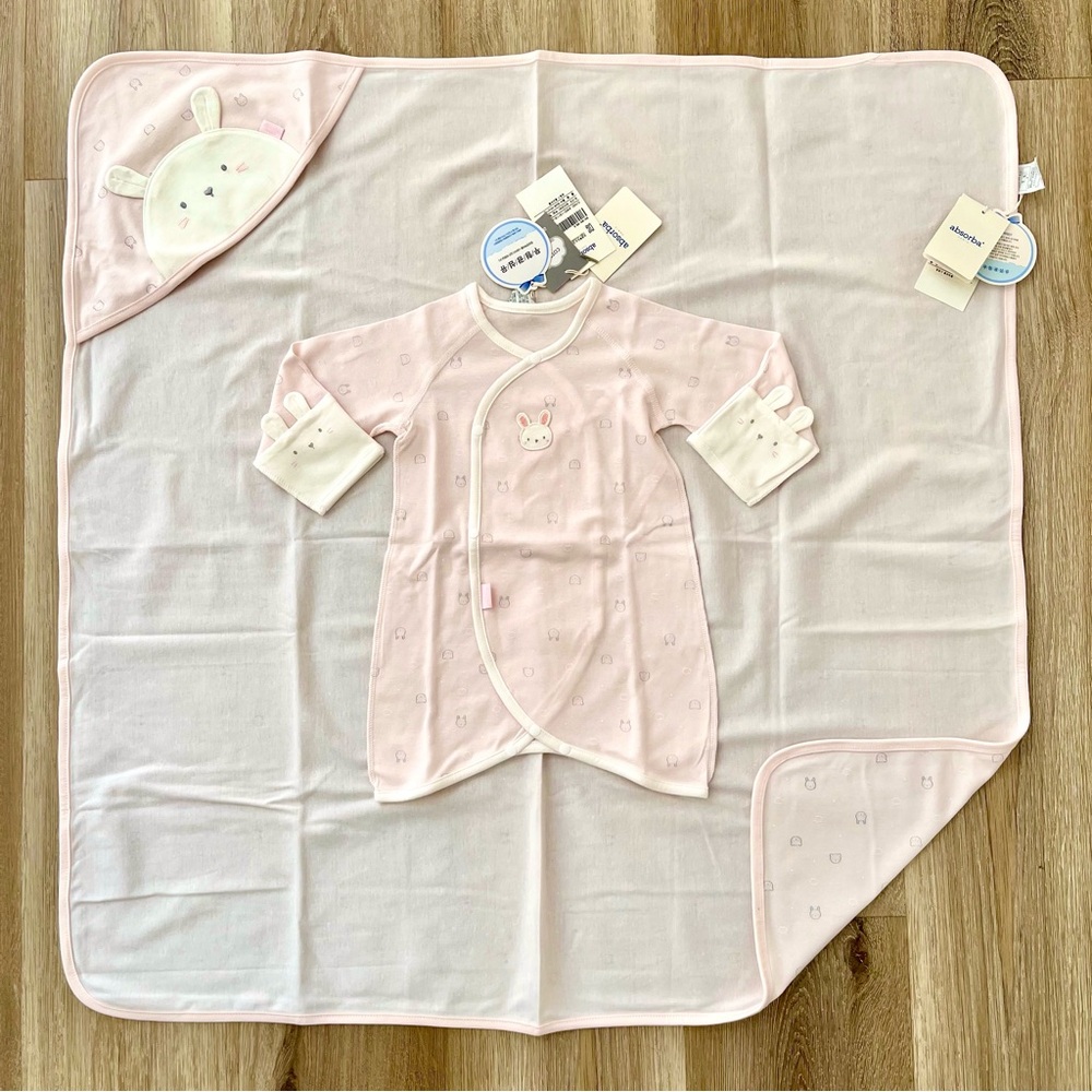 [NWT] ABSORBA Cotton 100% Baby Bodysuit + Hooded Blanket / Swaddle Set Bunny
